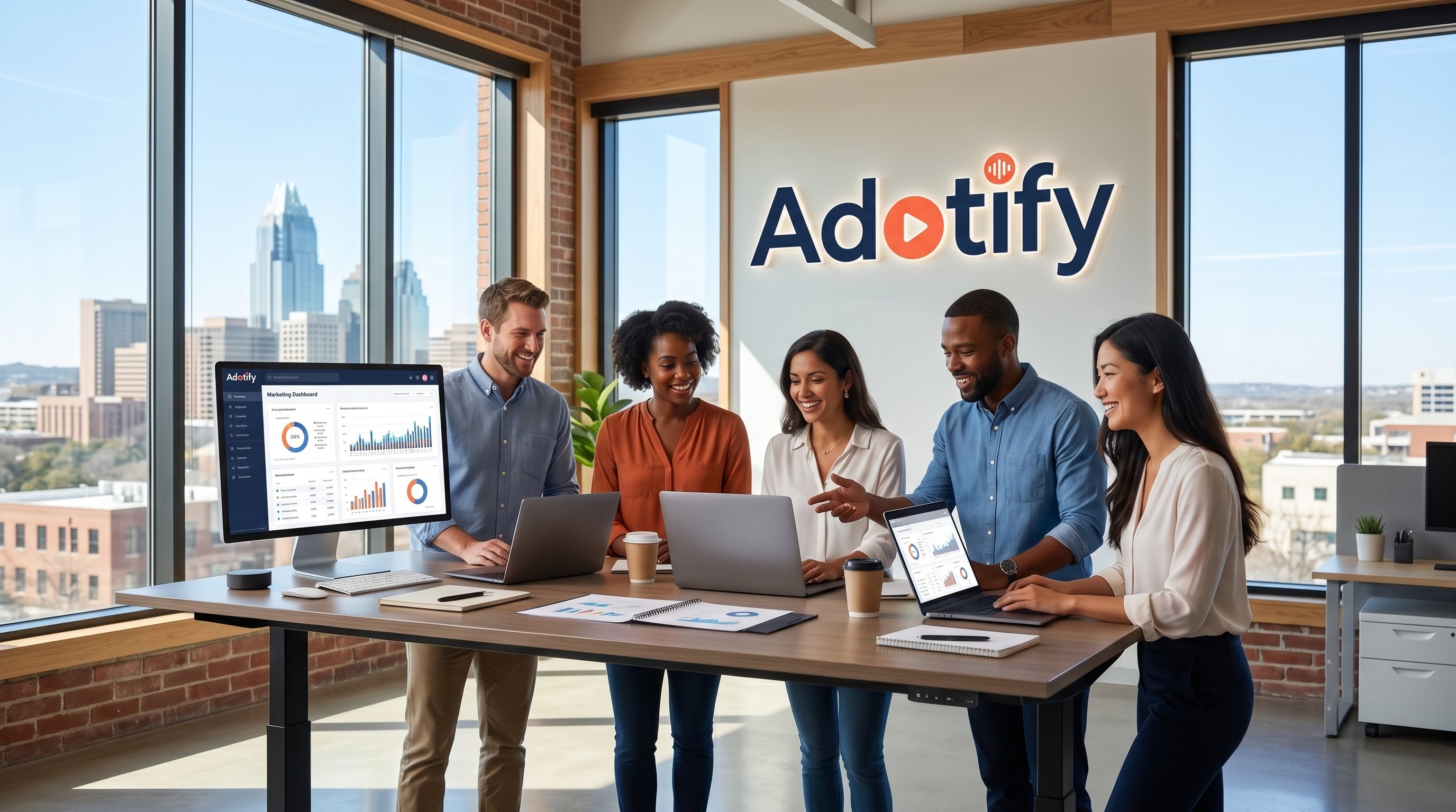 Diverse marketing professionals collaborating in a bright modern office