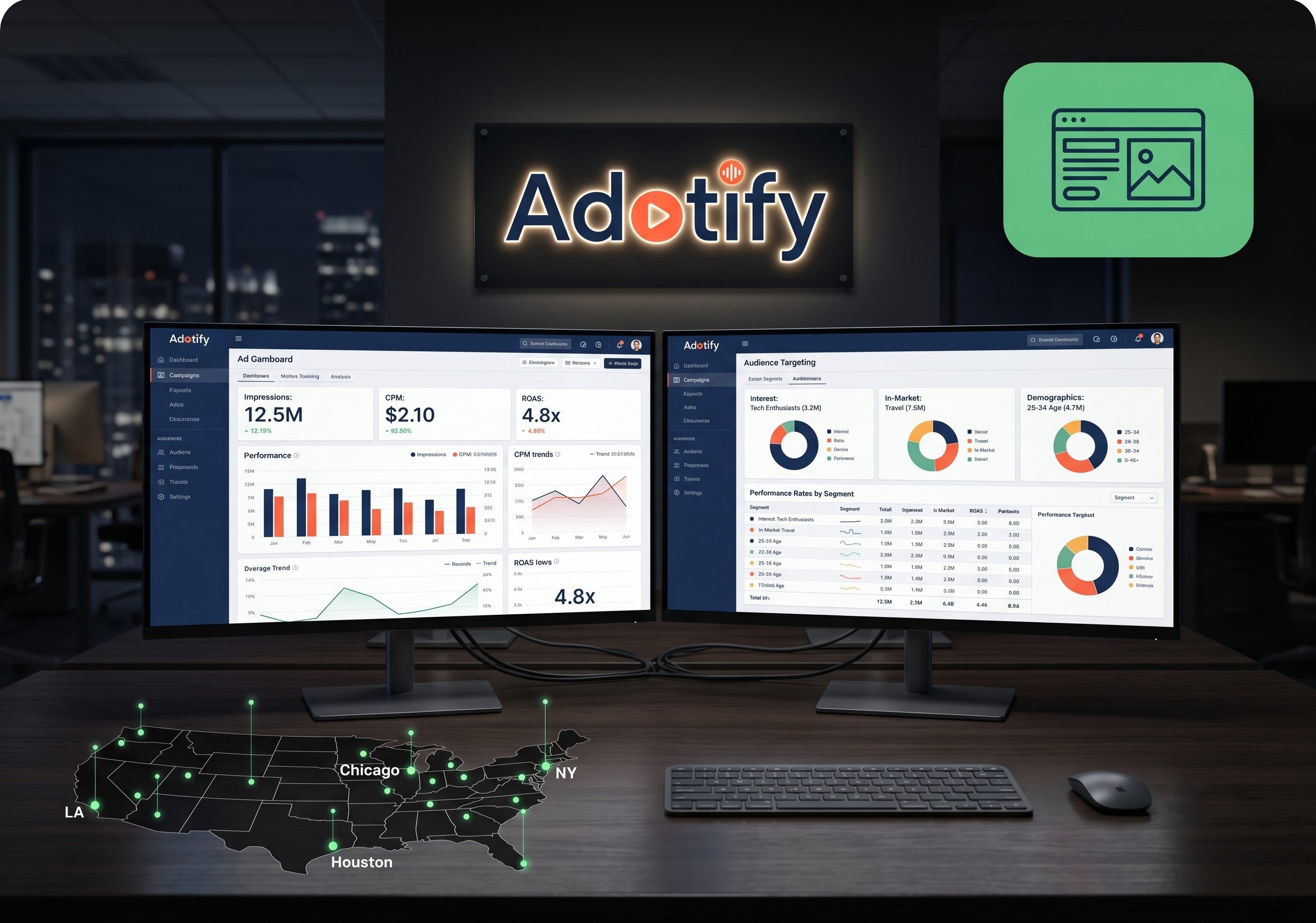 Programmatic display advertising campaign dashboard showing impression and ROAS metrics