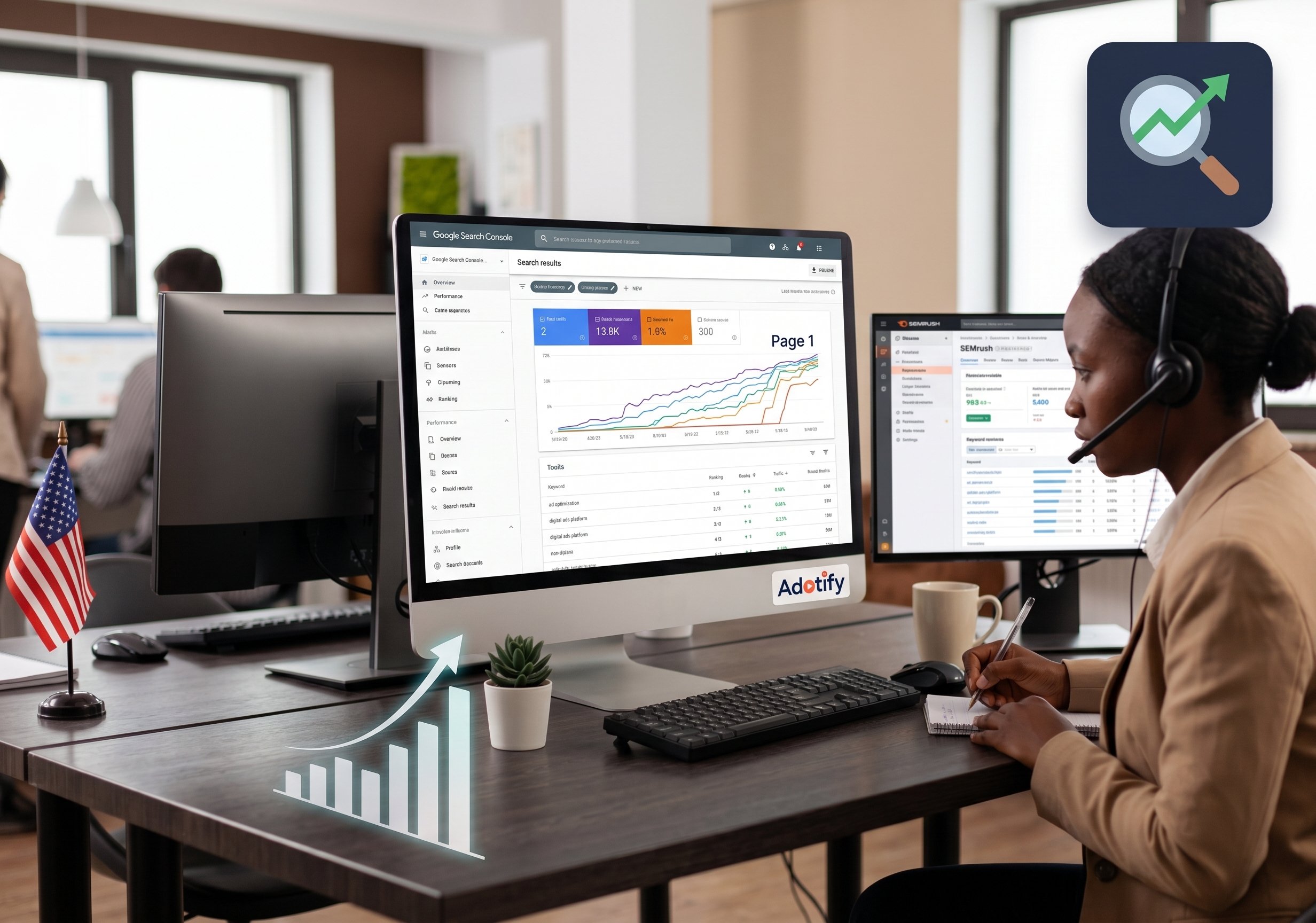 SEO analytics dashboard showing organic traffic growth and keyword ranking improvements