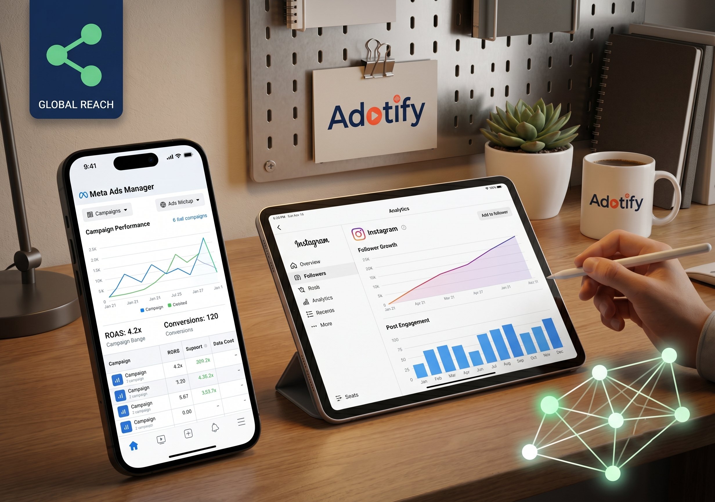 Social media marketing performance metrics on phone and laptop screens